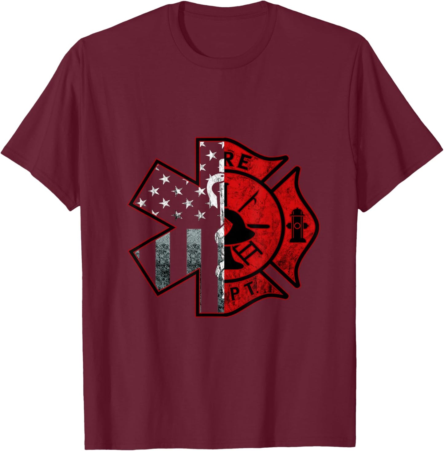 Firefighter Paramedic Symbol American Flag Fireman Fire T-Shirt - T-Shirt | Maroon