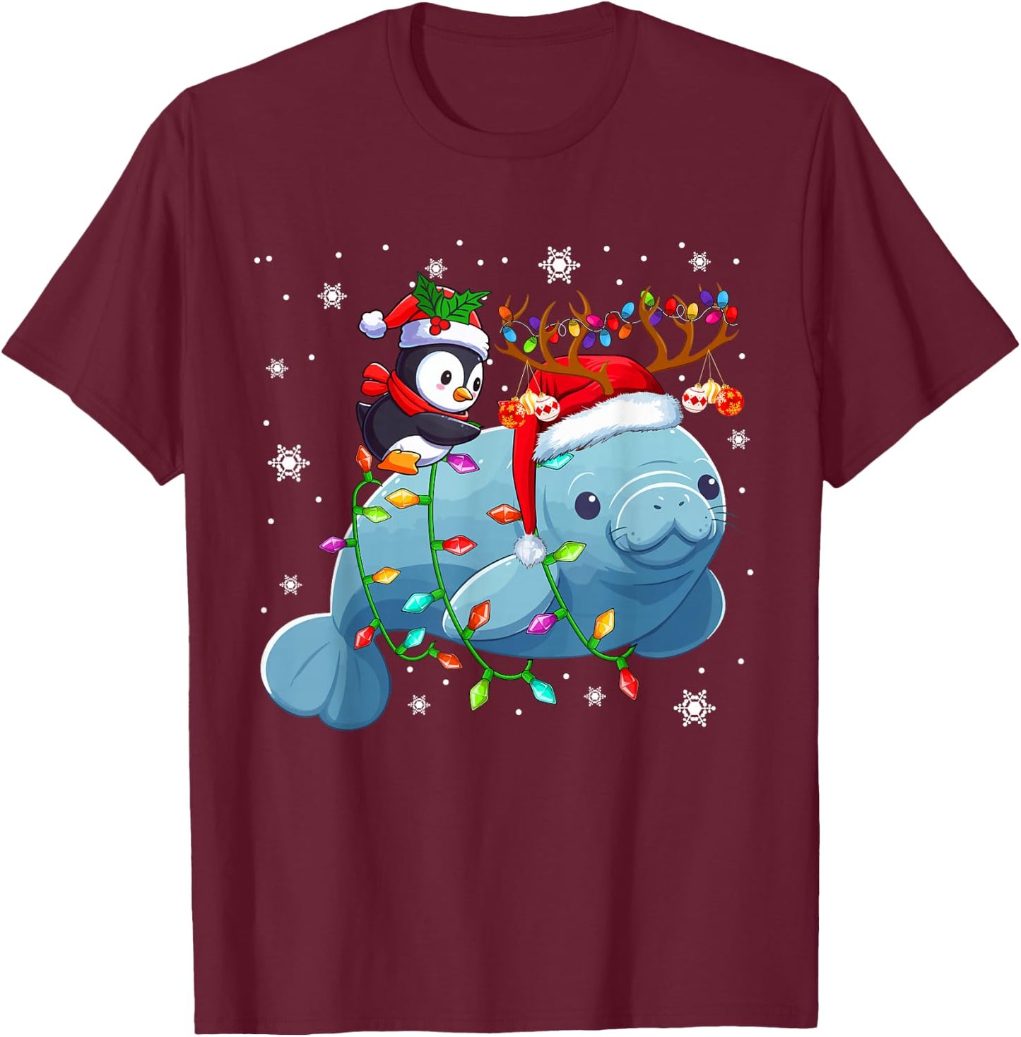Santa Penguin Riding Reindeer Manatee Christmas Sea Animals T-Shirt - T-Shirt | Maroon