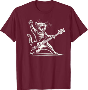 Rock Cat with Electric Bass Guitar Four Sides Bass Player , Black, S T-Shirt - T-Shirt | Maroon