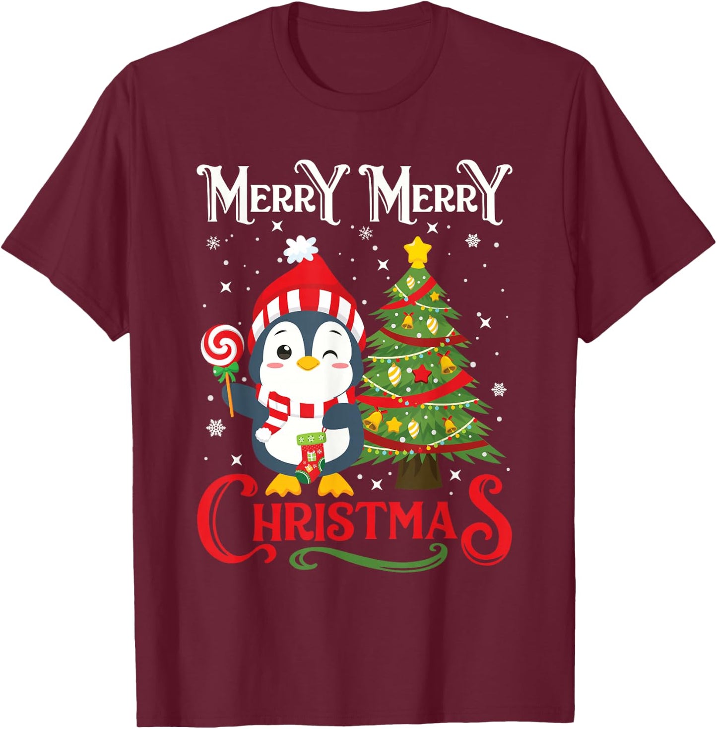 Boys Girls Men Women Christmas Pajamas Funny Penguin T-Shirt - T-Shirt | Maroon