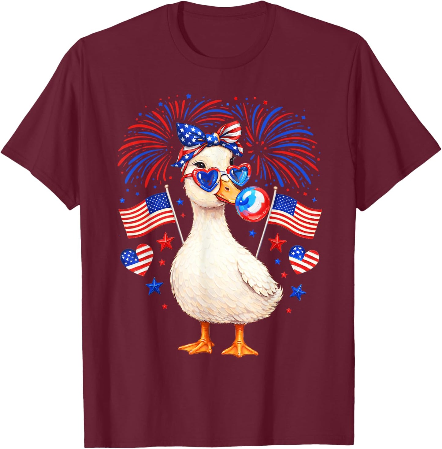 4th of July Goose Fireworks Patriotic Girl Women Kid T-Shirt - T-Shirt | Maroon