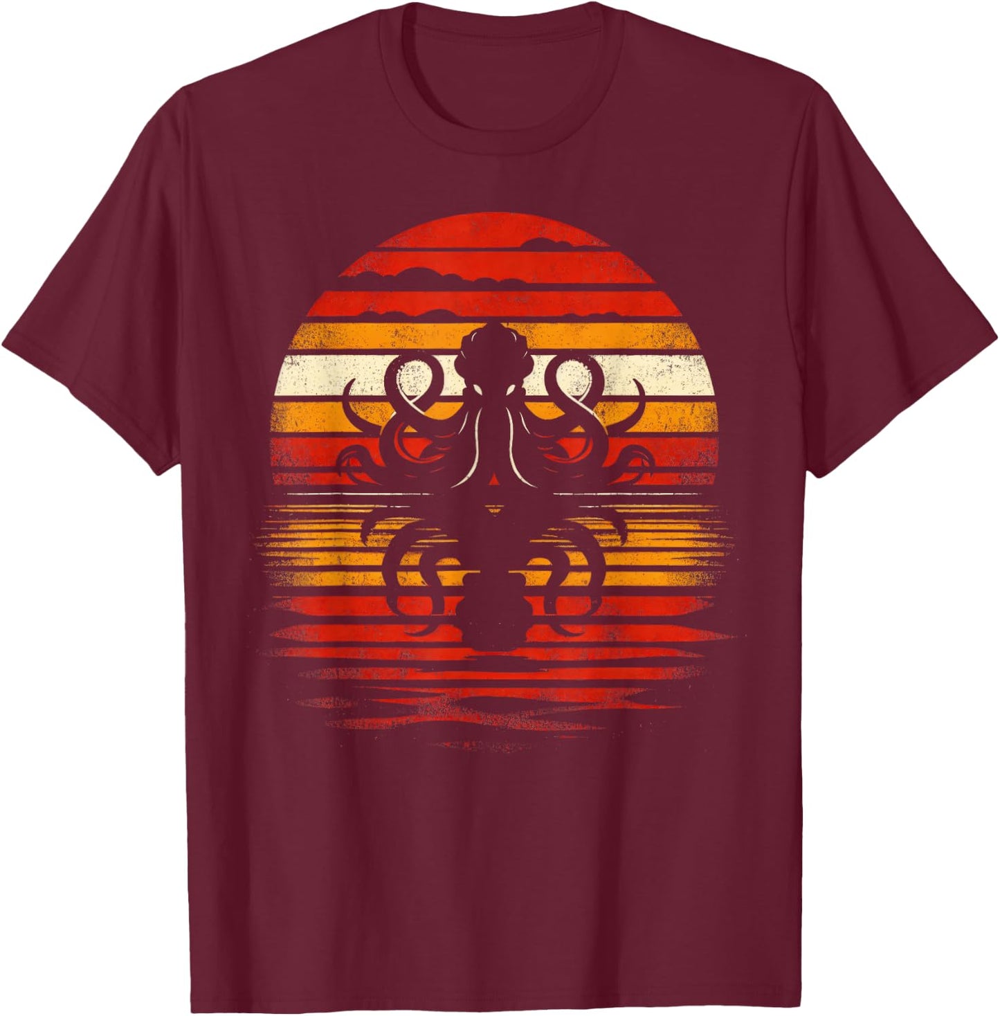 Octopus Sunset Retro Style Safari Vintage 70s Octopus T-Shirt - T-Shirt | Maroon