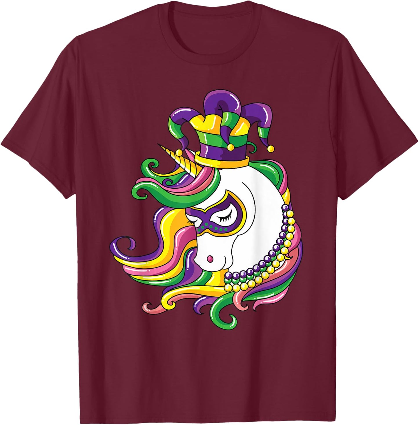 Jester Rainbow Unicorn design Mardi Gras Mask Costume T-Shirt - T-Shirt | Maroon