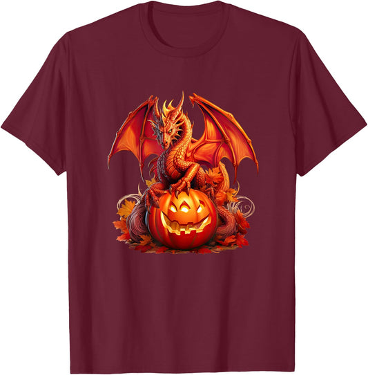 Halloween Dragon Guardian of the Pumpkin, Autumn Silhouette T-Shirt - T-Shirt | Maroon