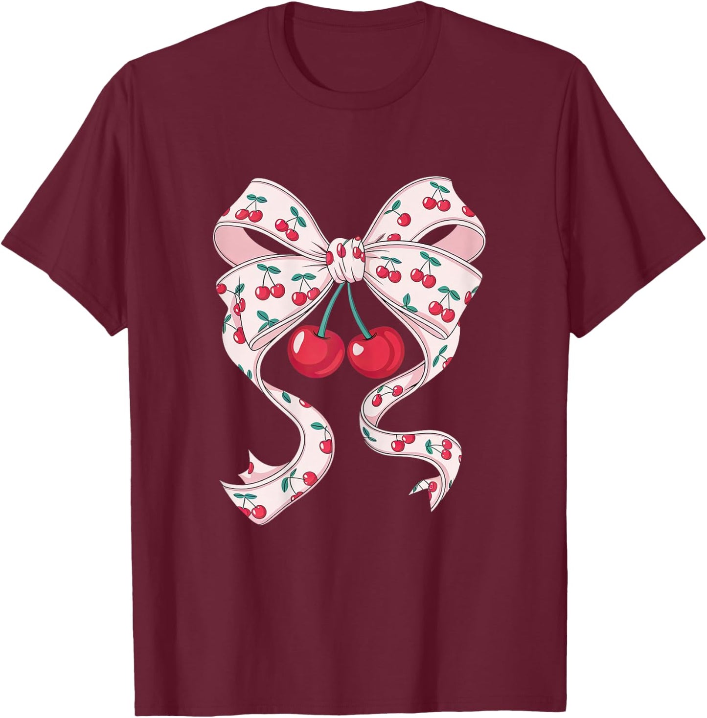Pretty Pink Bow Woman Cute Cherries Cute T-Shirt - T-Shirt | Maroon