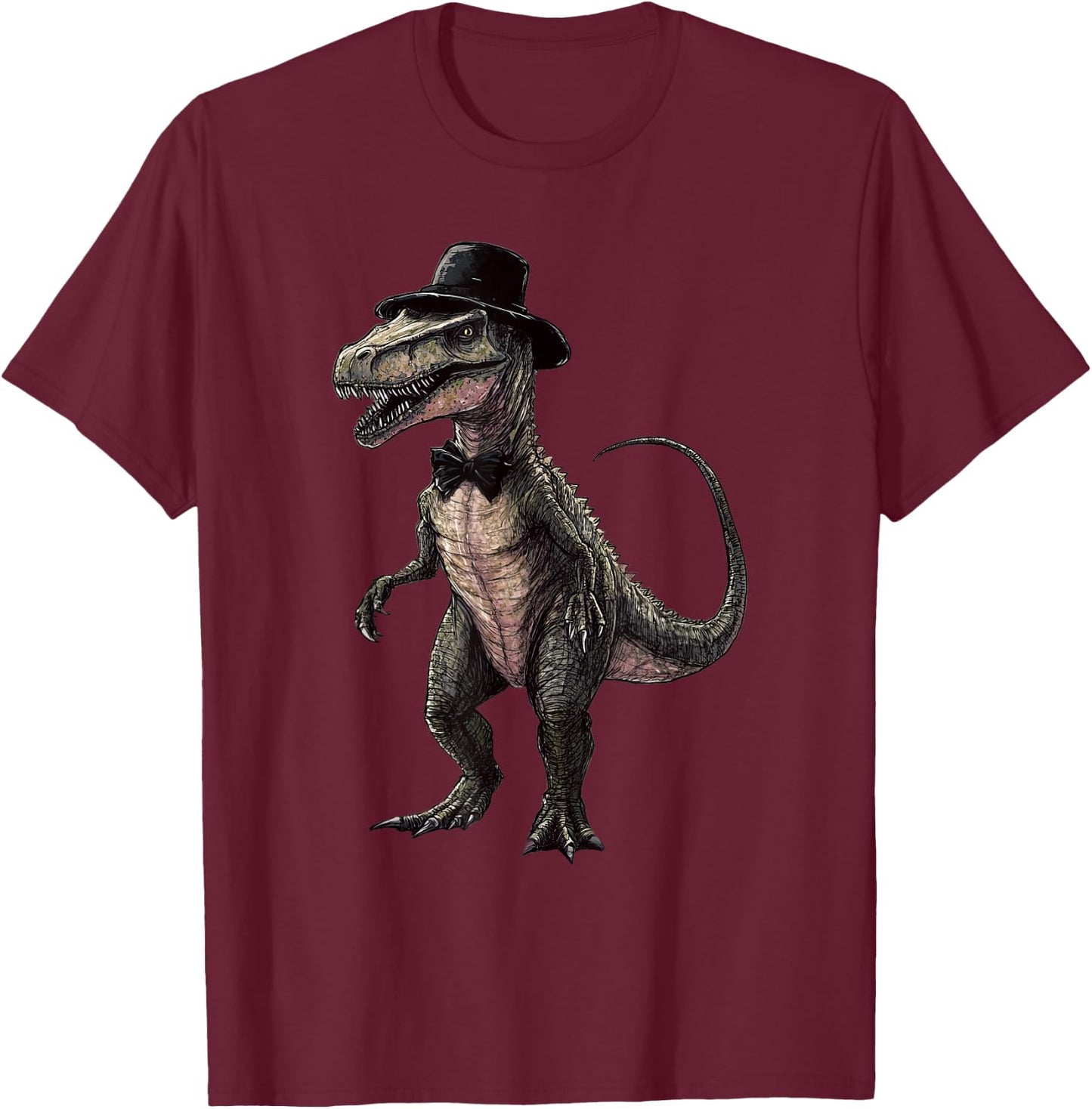 Spinosaurus Dinosaur Wearing A Hat And Bowtie T-Shirt - T-Shirt | Maroon
