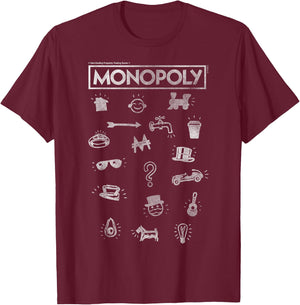 Monopoly Classic Game Piece Icons & Logo T-Shirt - T-Shirt | Maroon