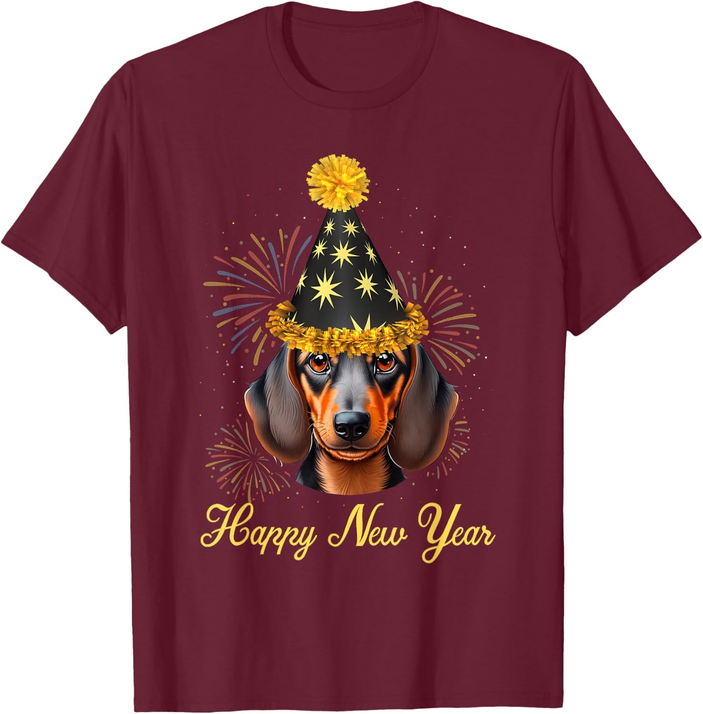 Dog Lover NYE Party Fireworks Kids Men Women Dachshund Dog Happy New Year 2025 New Year's Eve Party T-Shirt - T-Shirt | Maroon