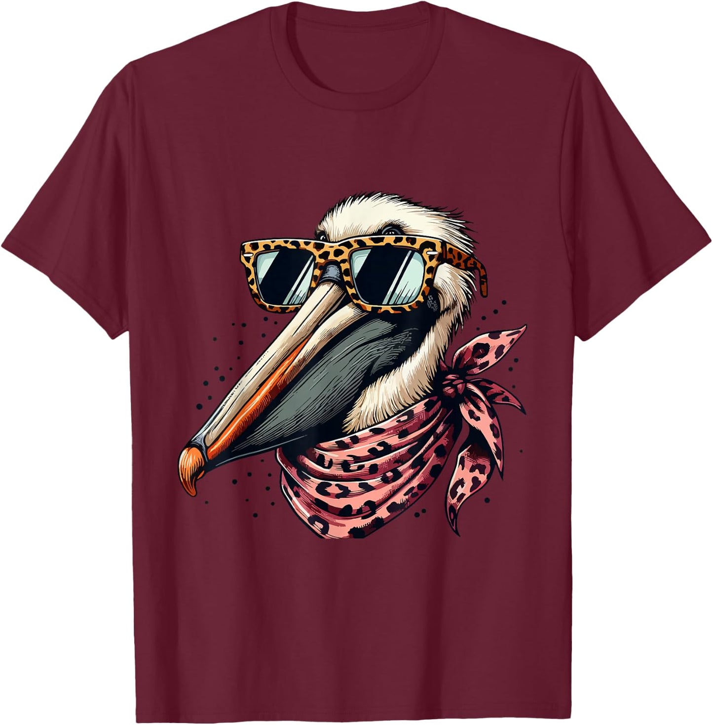 Pelican Wearing Leopard Scarf Animal Wearing Sunglasses T-Shirt - T-Shirt | Maroon