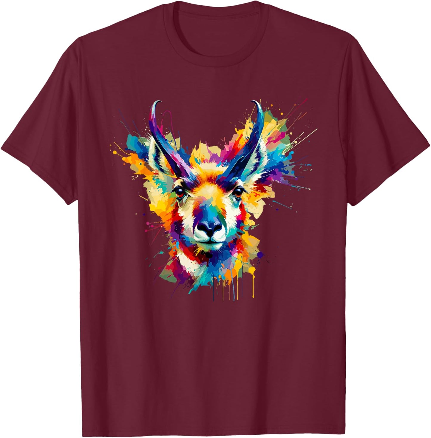 Colorful Splash Art Pronghorn American Antelope Pronghorns T-Shirt - T-Shirt | Maroon