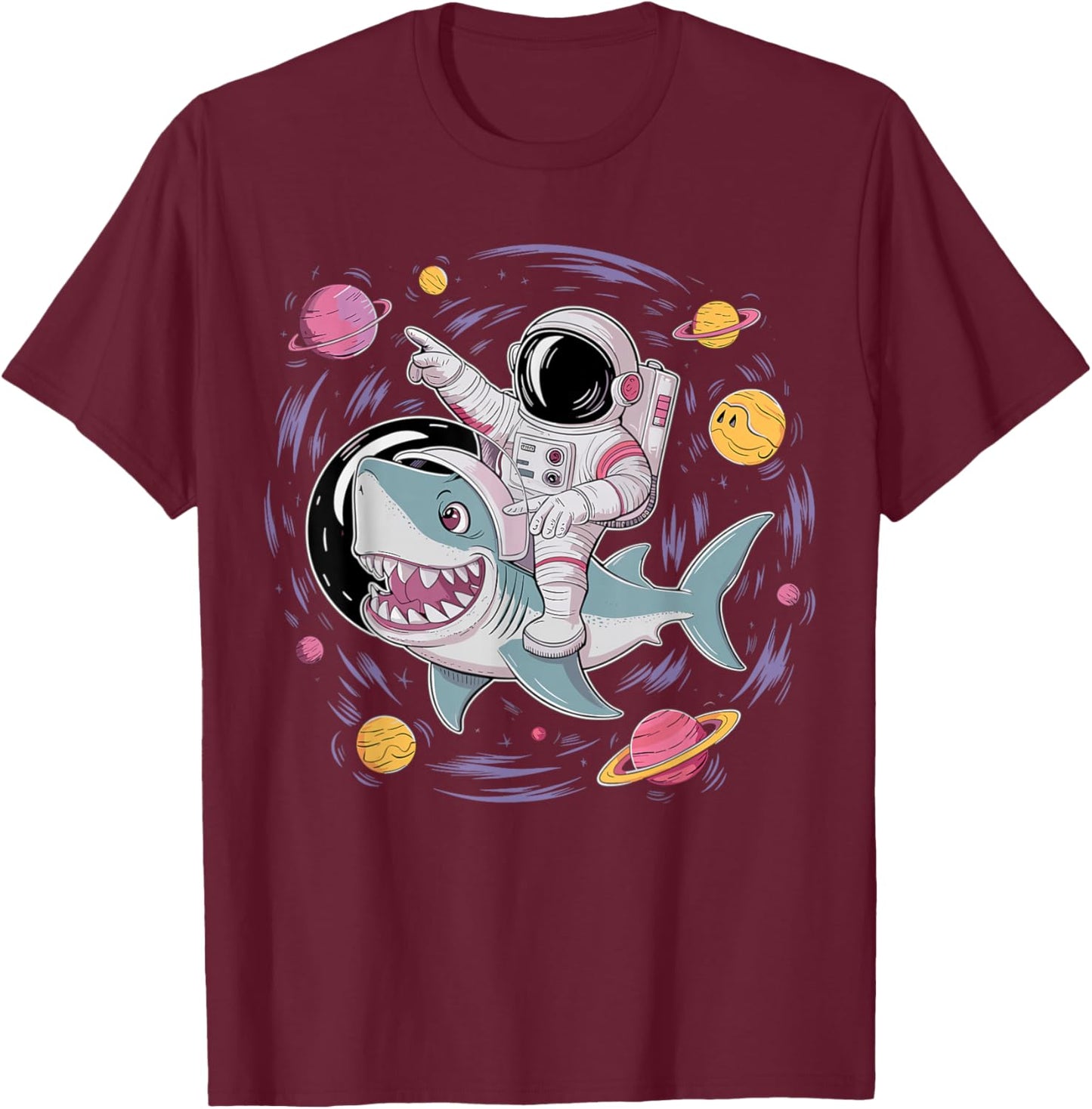 Astronaut Riding Shark Birthday Party in Outer Space T-Shirt - T-Shirt | Maroon