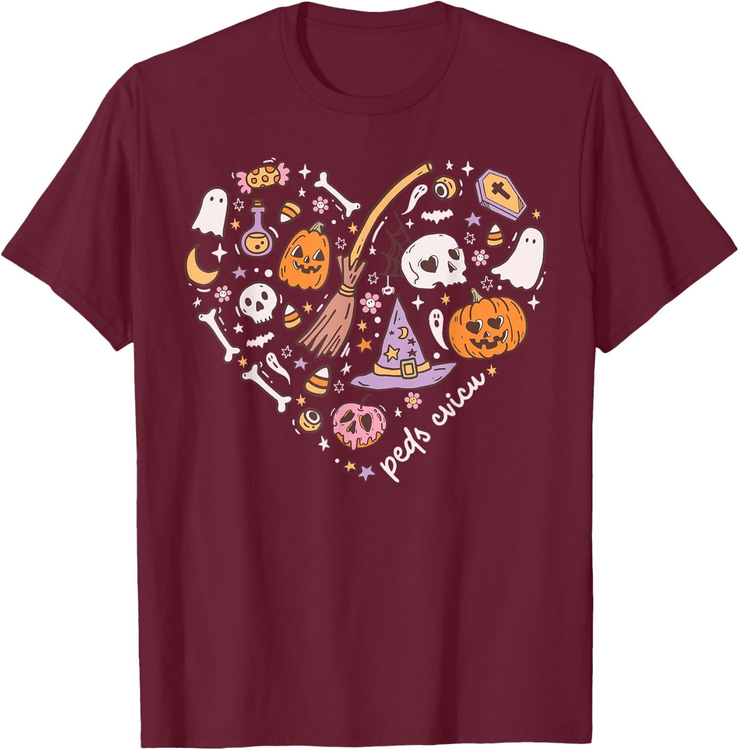 Cute PEDS CVICU Heart Halloween Pediatric Cardiac ICU Nurse T-Shirt - T-Shirt | Maroon