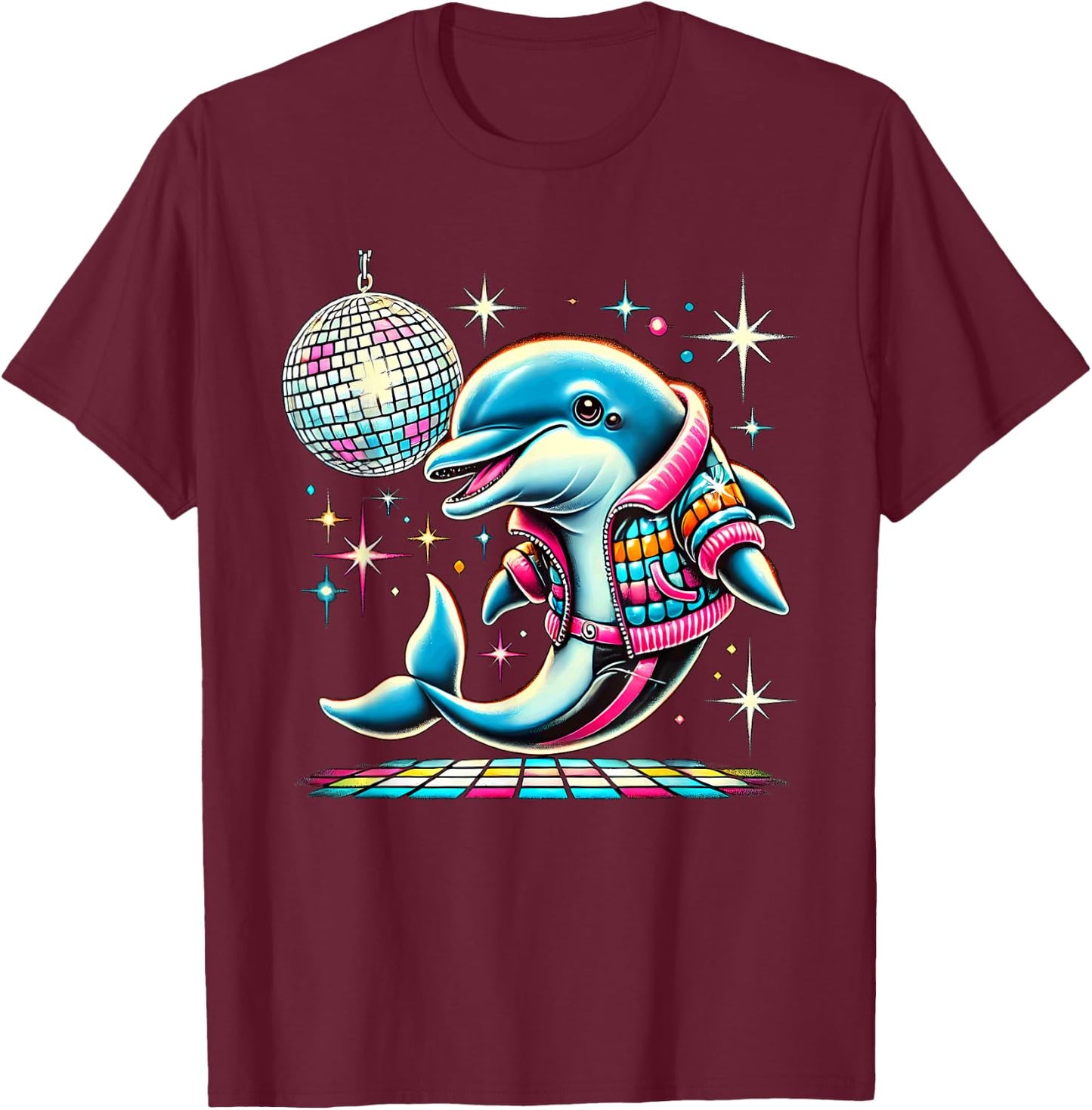 Aesthetic Dolphin Disco T-Shirt - T-Shirt | Maroon