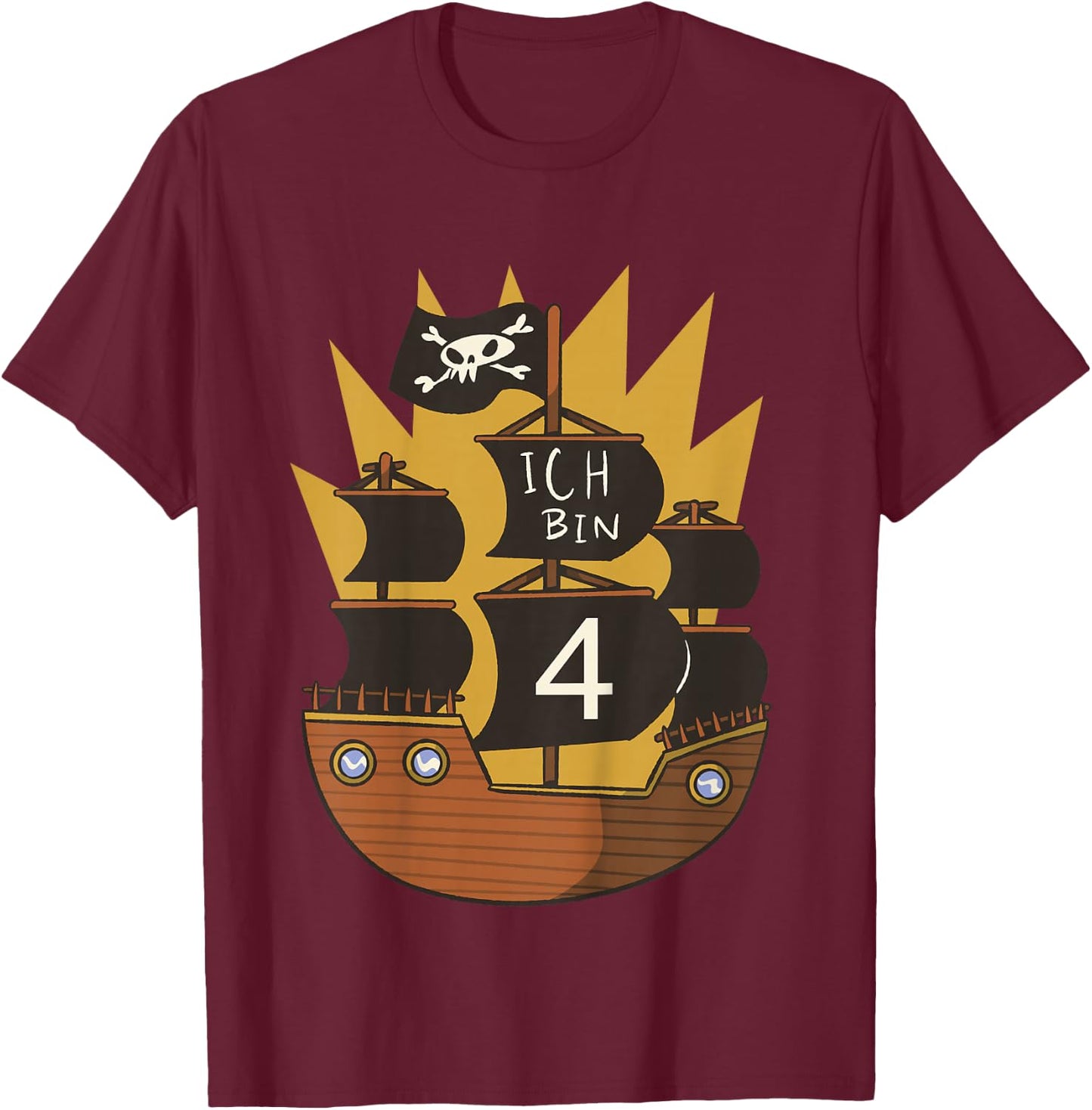 Ich bin 4 Jahre Junge 4. Geburtstag Pirat Piratenschiff T-Shirt - T-Shirt | Maroon