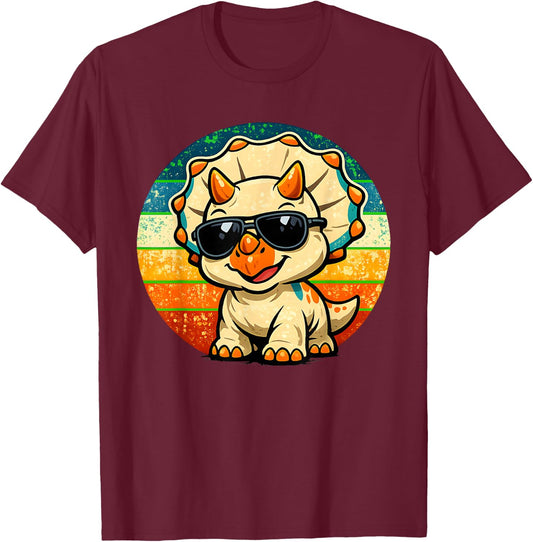 Cute Baby Triceratops Sunglasses Retro Funny Dinosaur Kids T-Shirt - T-Shirt | Maroon