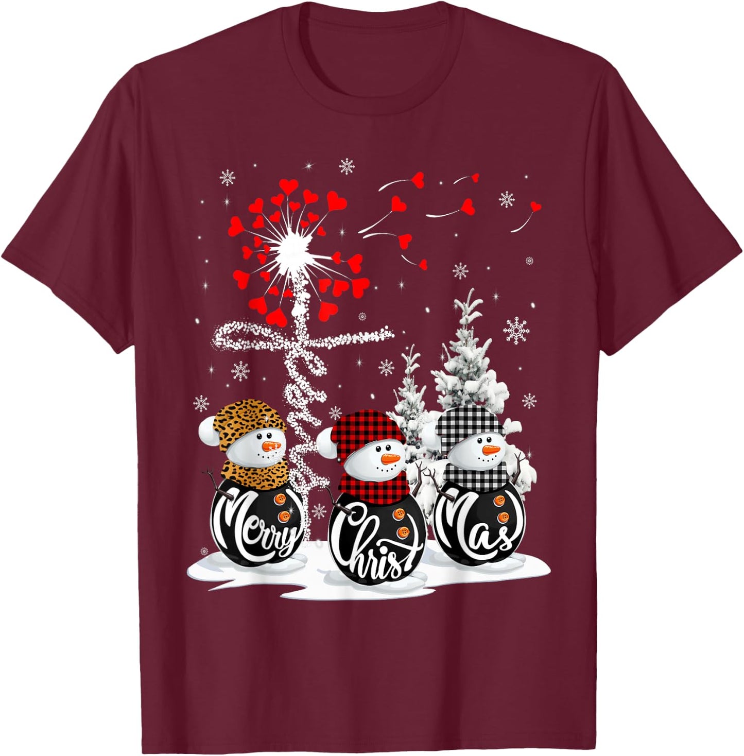 Merry Christmas Snowman Leopard Buffalo Red Plaid Men Women T-Shirt - T-Shirt | Maroon
