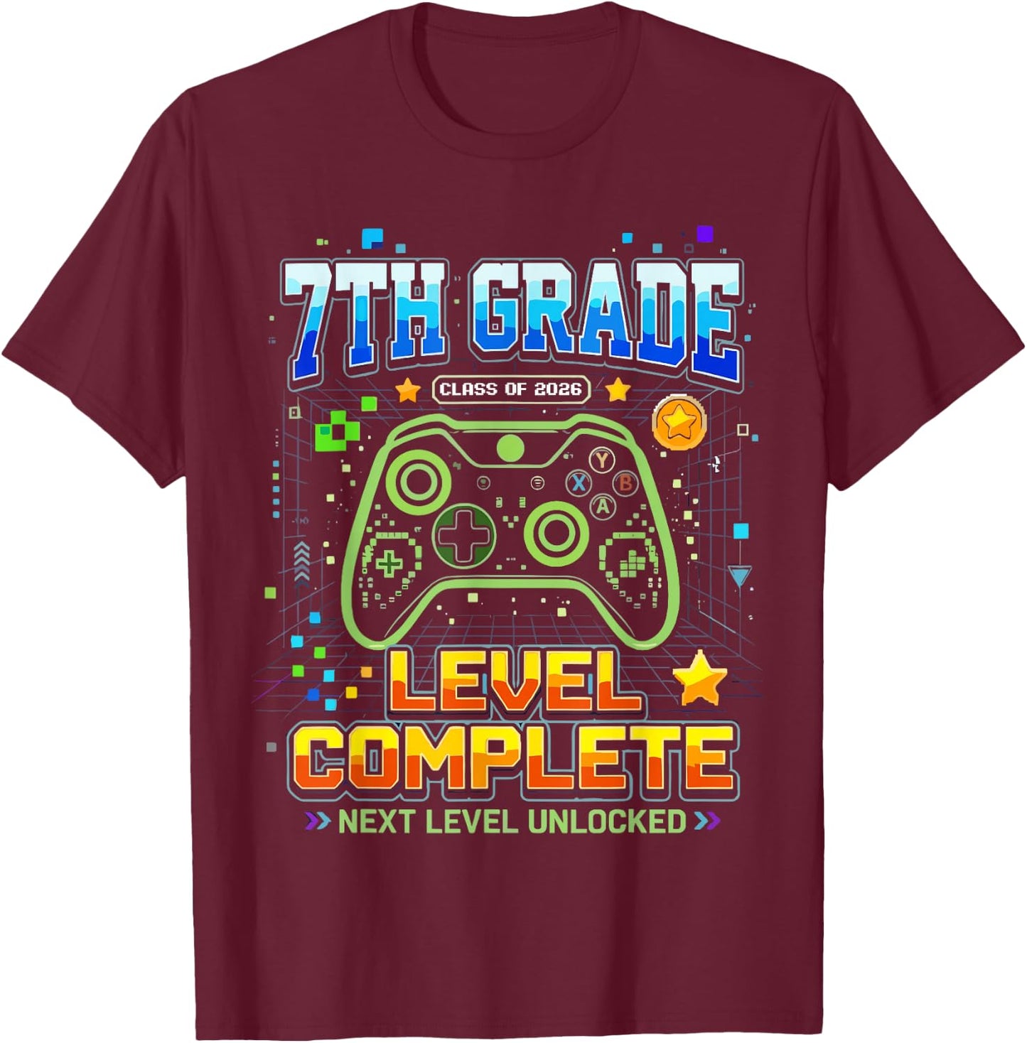 Gaming Graduation Shirt, 7th Grade Level Complete T-Shirt - T-Shirt | Maroon
