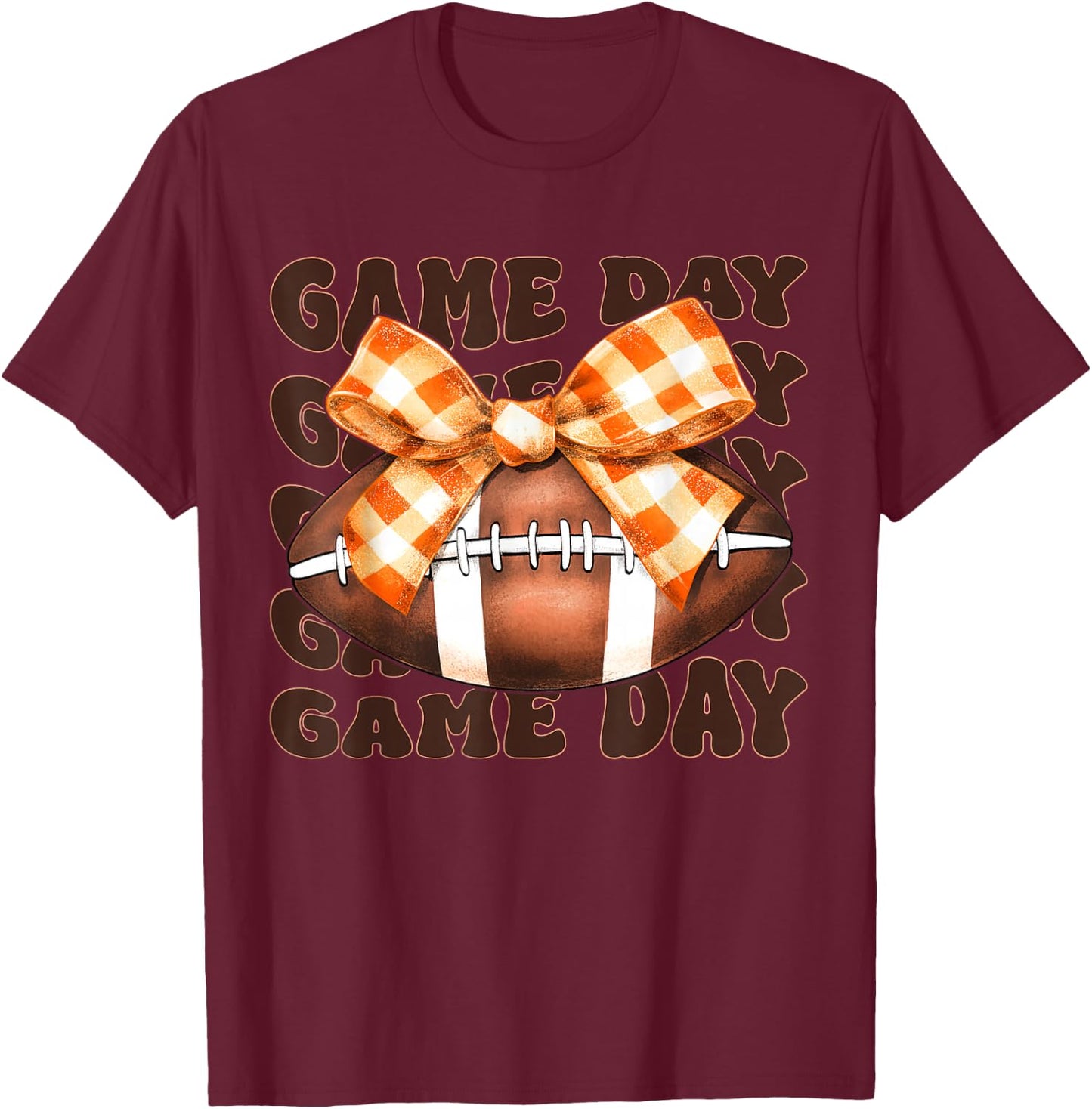 Football Autumn Fall Orange Checkered Ribbon Bow Game Day T-Shirt - T-Shirt | Maroon