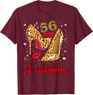 56 and Fabulous Leopard Heels Stepping Into my 56th Birthday T-Shirt - T-Shirt | Maroon