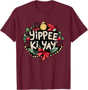 Yippee-Ki-Yay -Adults Winter Black Cartoon Christmas Humorous Festive T-Shirt - T-Shirt | Maroon