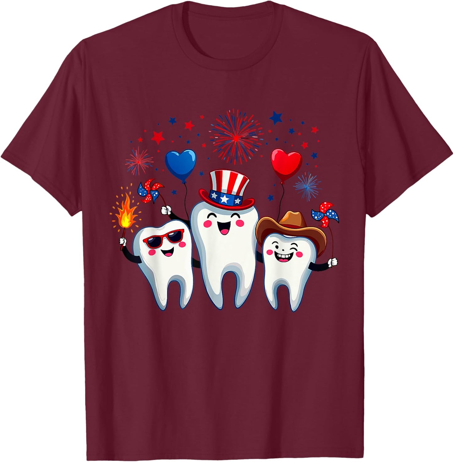 Three Teeth 4th Of July US Flag Firework Dentist Dental Team T-Shirt - T-Shirt | Maroon
