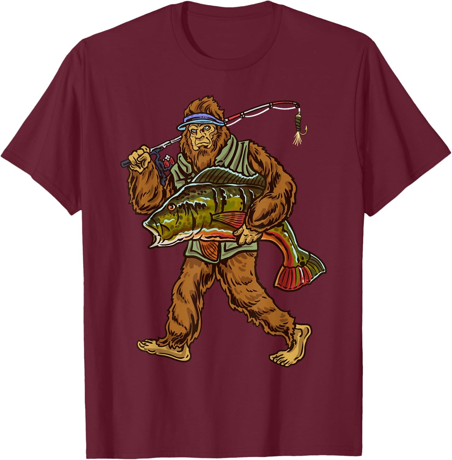 Peacock Fishing Bigfoot Bass Fisherman T-Shirt - T-Shirt | Maroon