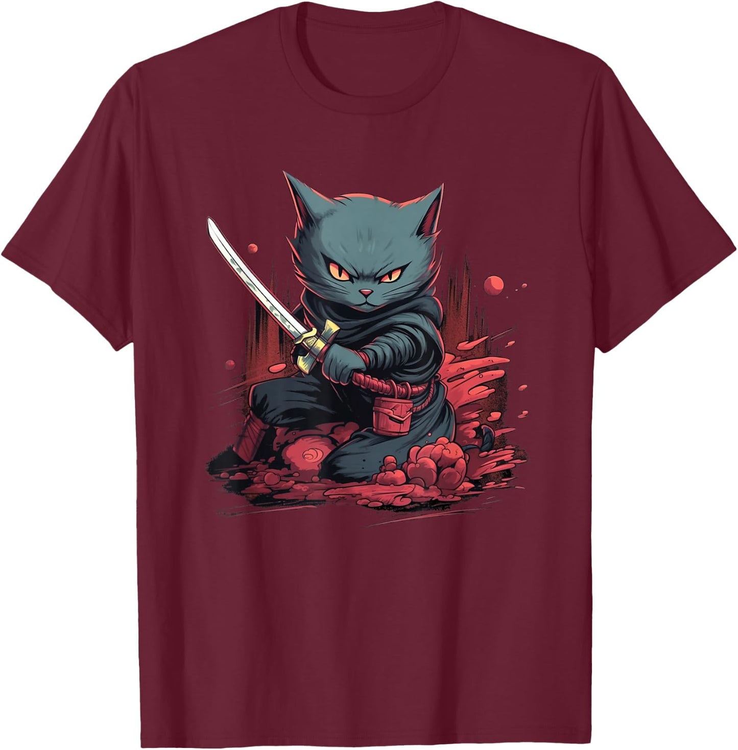 Vintage Japanese Samurai Ninja Cat Tattoo Kawaii T-Shirt - T-Shirt | Maroon