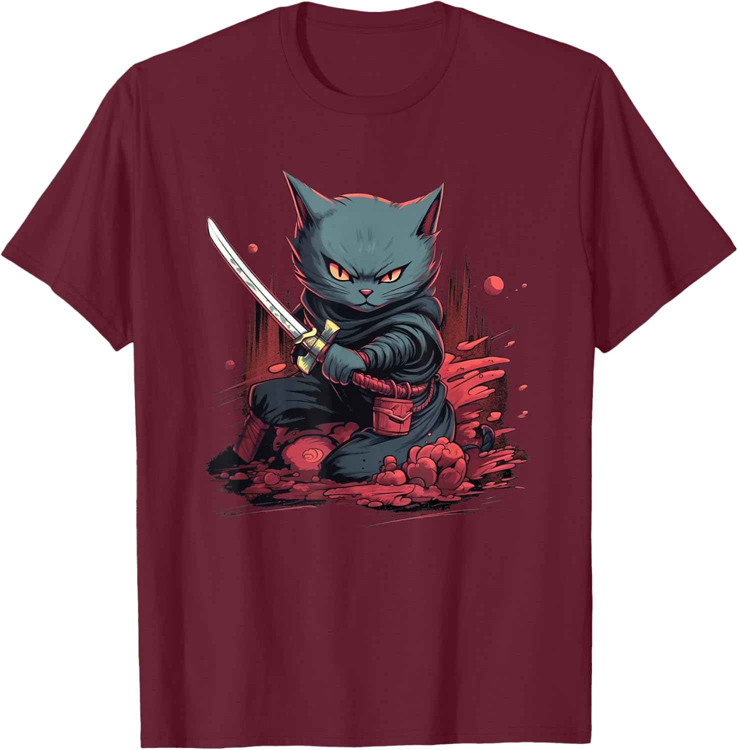 Vintage Japanese Samurai Ninja Cat Tattoo Kawaii T-Shirt - T-Shirt | Maroon