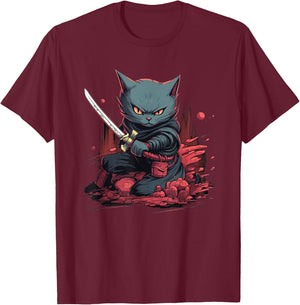 Vintage Japanese Samurai Ninja Cat Tattoo Kawaii T-Shirt - T-Shirt | Maroon