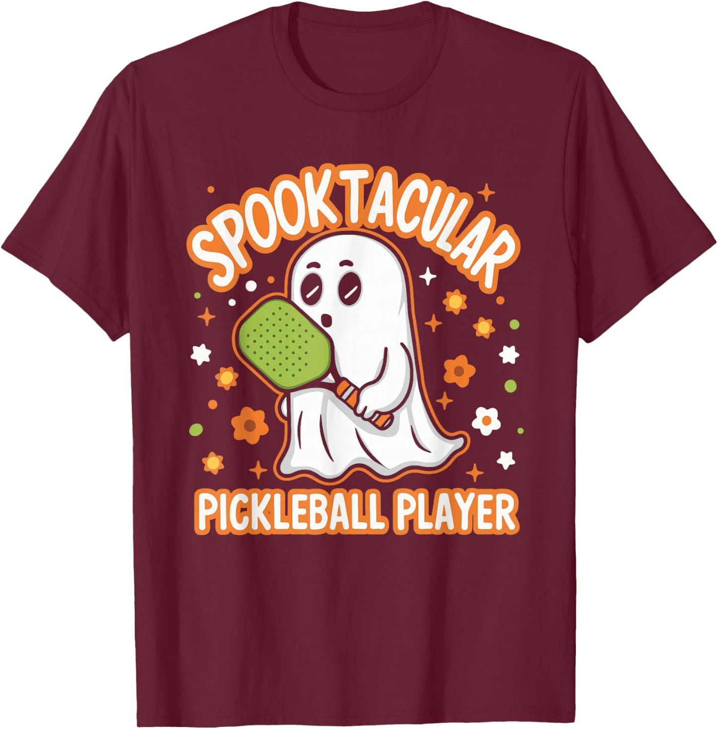 Spooktacular Pickleball Player Ghost Pumpkin T-Shirt - T-Shirt | Maroon