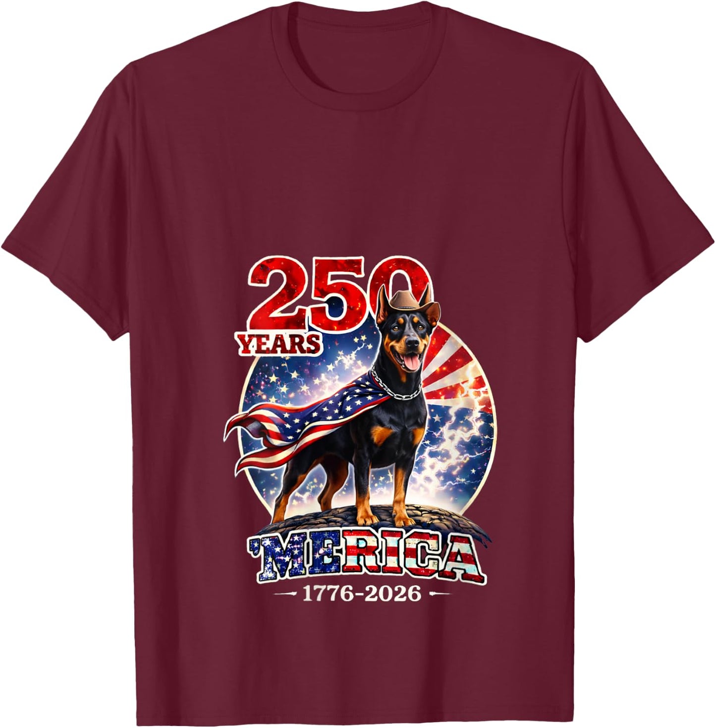 Women's 250 Years of Freedom Doberman Pinscher Dog 1776-2026 4th of V-Neck T-Shirt - T-Shirt | Maroon