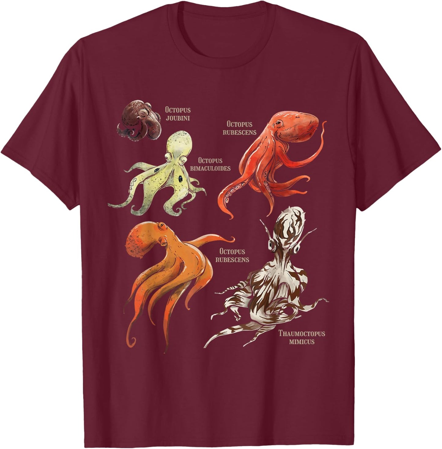 Marine Biology Different Types of Octopodes T-Shirt - T-Shirt | Maroon