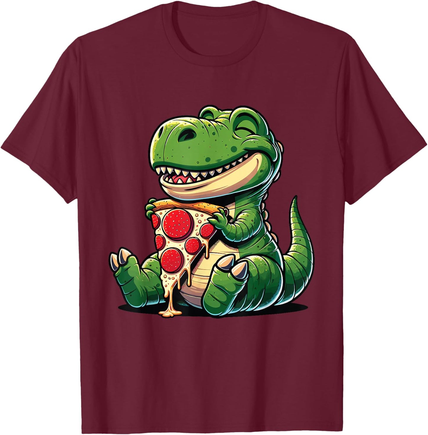 Funny Dinosaur Eating Pizza Graphic Boys Girls Women Kids T-Shirt - T-Shirt | Maroon