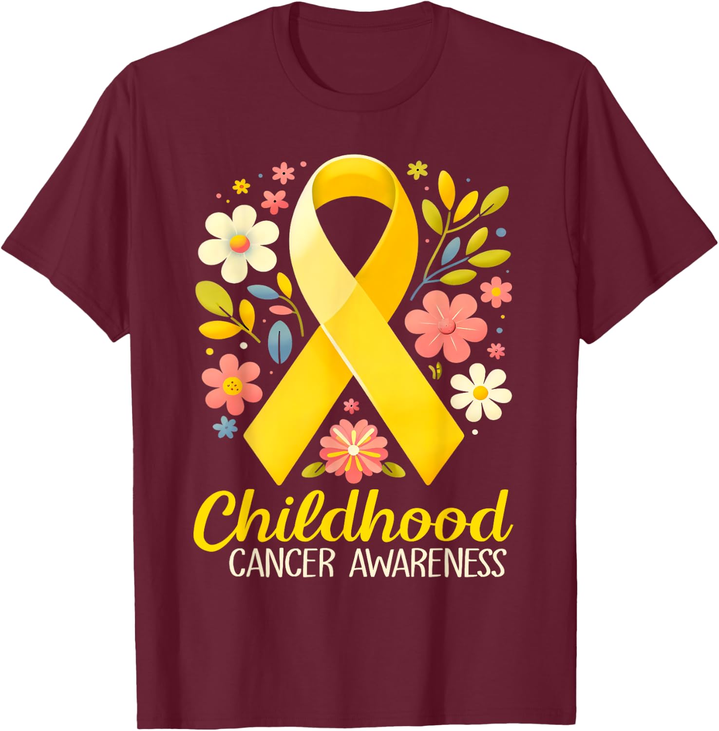 Gold Ribbon Childhood Cancer Awareness Girls Kids Women T-Shirt - T-Shirt | Maroon