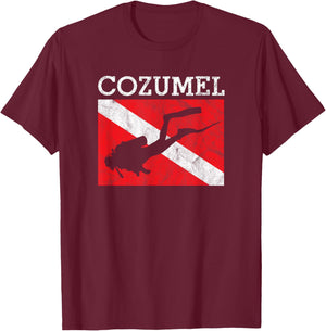 Vintage Cozumel Mexico Scuba Dive Flag Vacation Souvenir T-Shirt - T-Shirt | Maroon