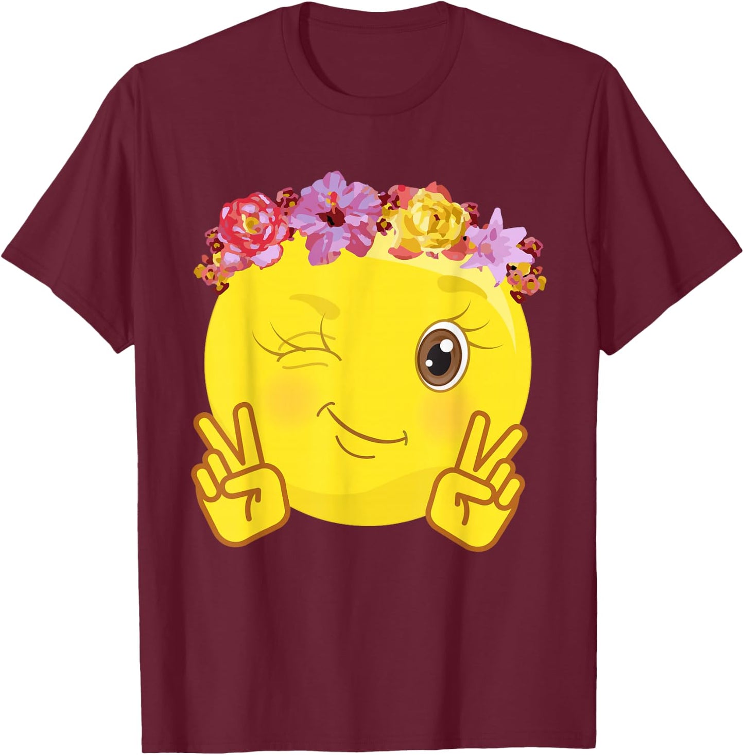Peace Emoticon Winking Flower Crown T-Shirt - T-Shirt | Maroon