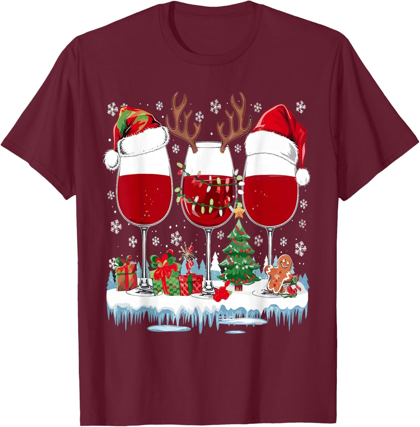 Santa Hat Funny Wine Glass Santa Hat Women , Black, S T-Shirt - T-Shirt | Maroon