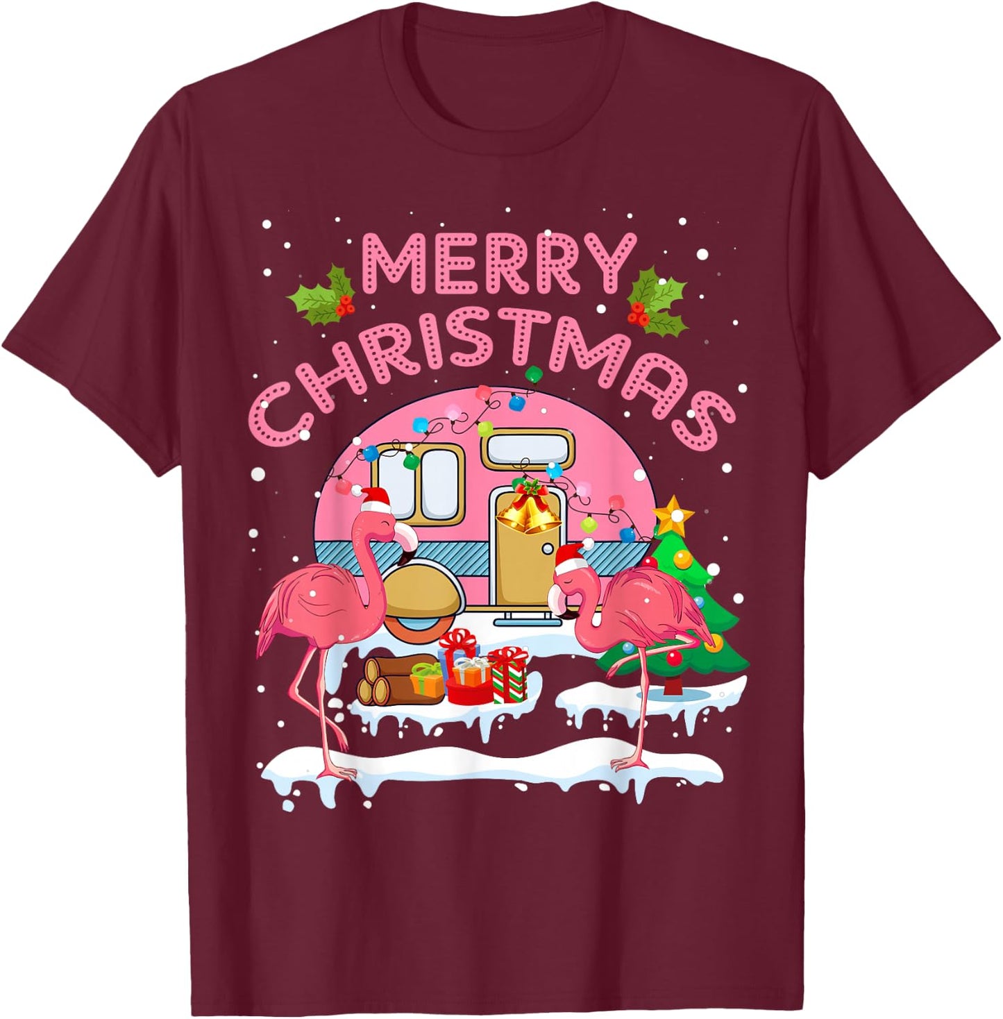 Flamingo Pink Camping Car Christmas Tree Merry Christmas T-Shirt - T-Shirt | Maroon