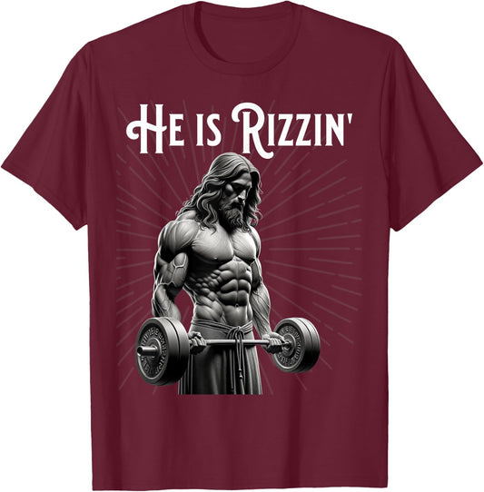 Gym Lifting Ripped Muscles He is Rizzin Jesus Weightlifting T-Shirt - T-Shirt | Maroon