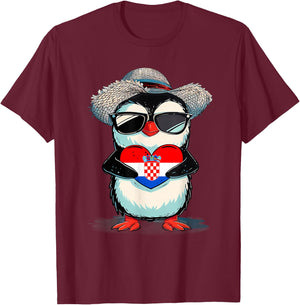 Croatia Flag Cute Penguin Croatian Pride Croatian Roots T-Shirt - T-Shirt | Maroon