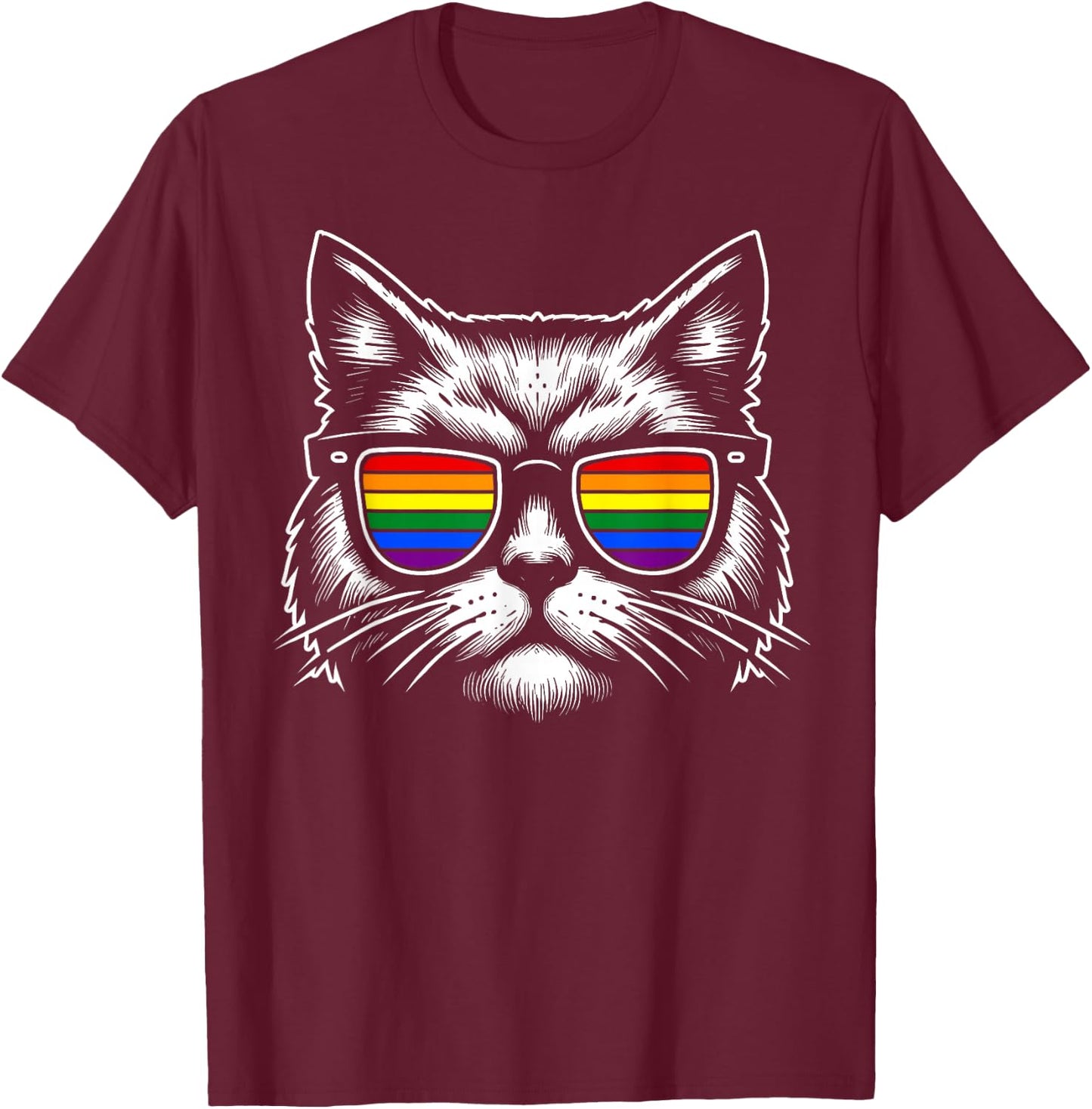 Rainbow Cat with Sunglasses and Pride Flag Gay Pride T-Shirt - T-Shirt | Maroon