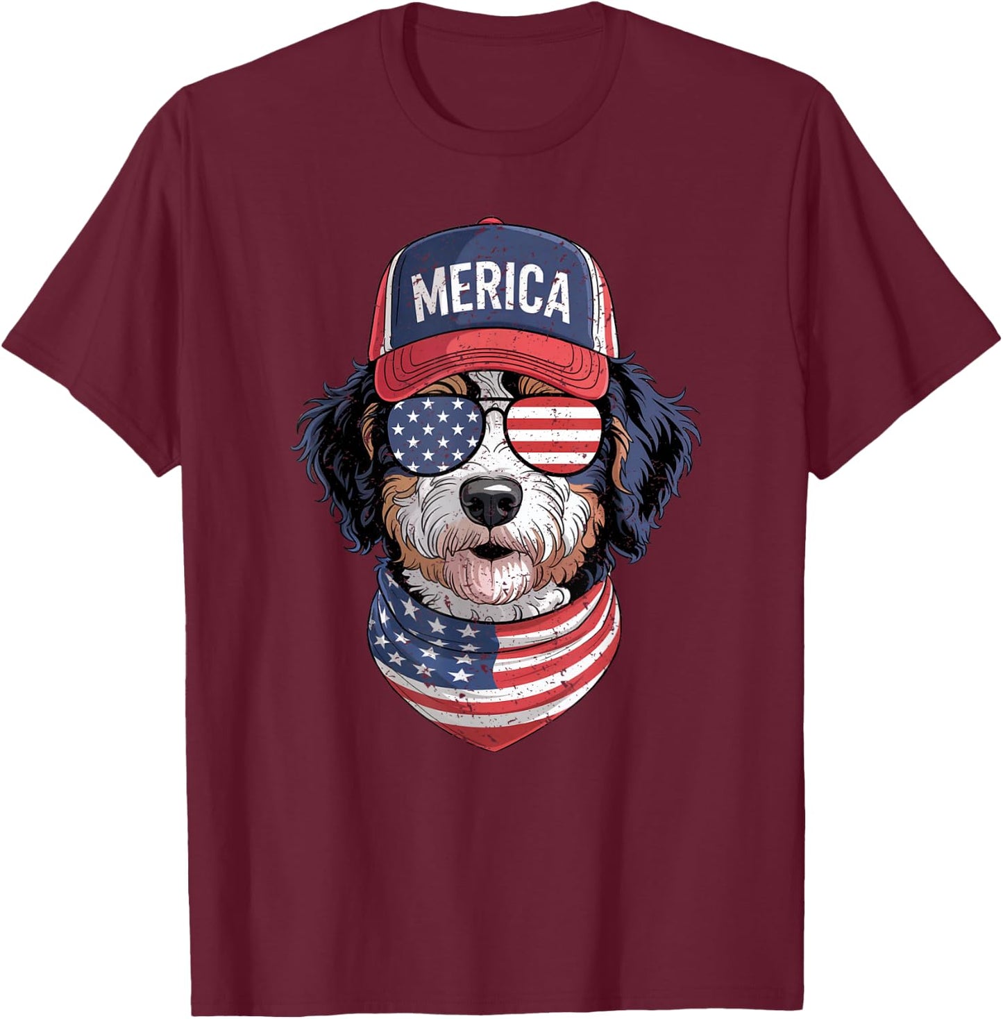 Bernedoodle 4th of July US American Flag Dog Patriotic T-Shirt - T-Shirt | Maroon