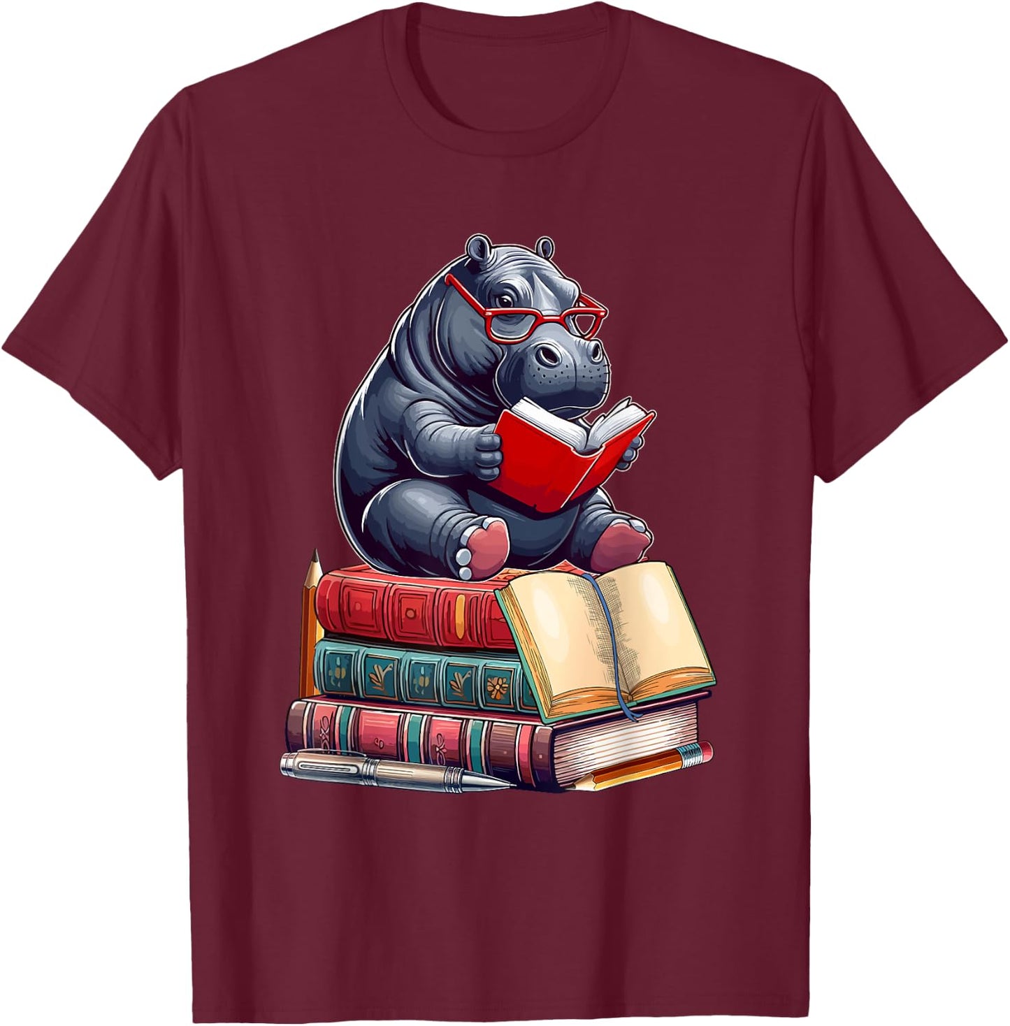 Hippo Reading Books Matching Bookworm Readers Librarian T-Shirt - T-Shirt | Maroon