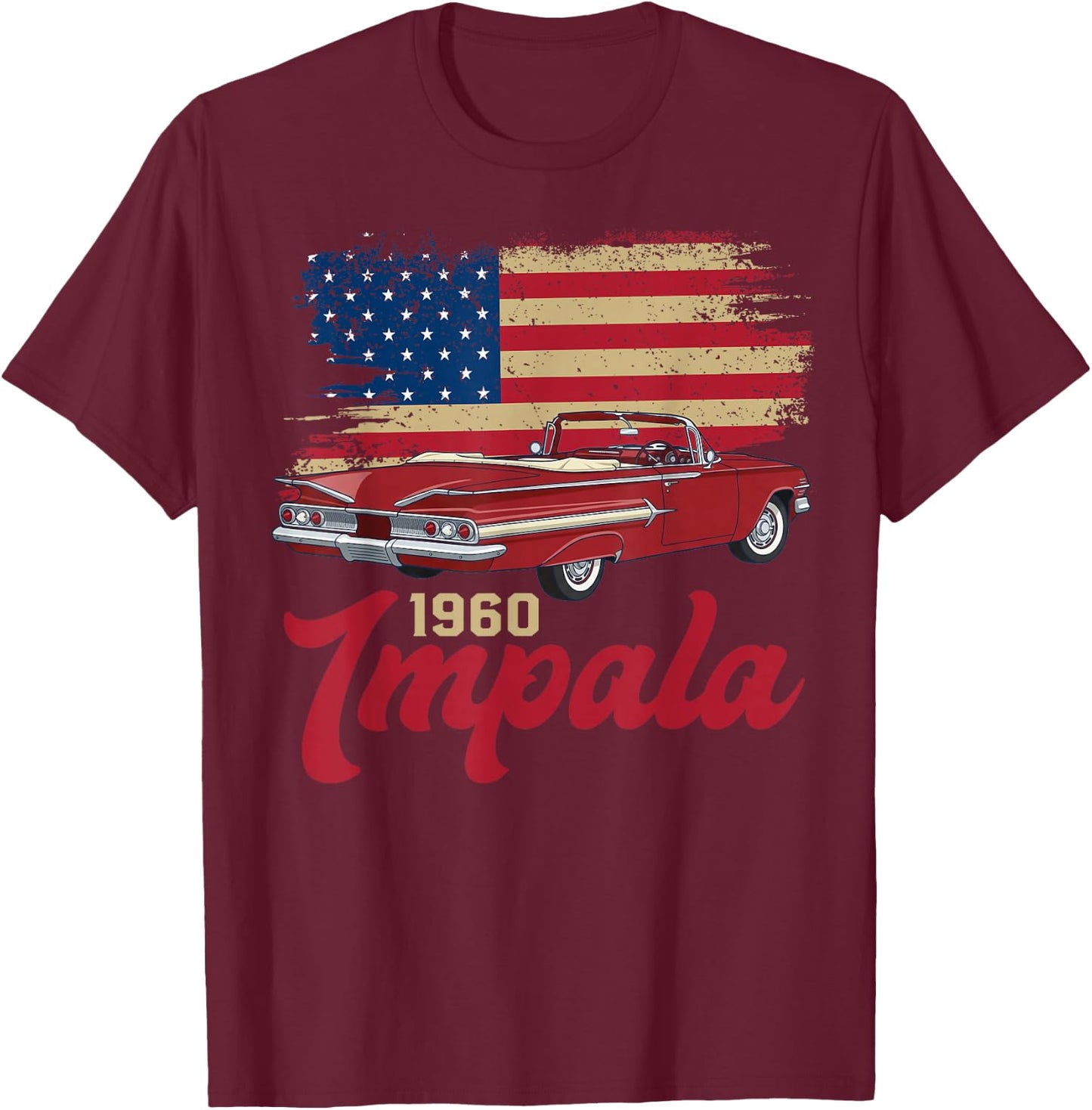 1960 60 Impala Old School Muscle Car American Flag T-Shirt - T-Shirt | Maroon