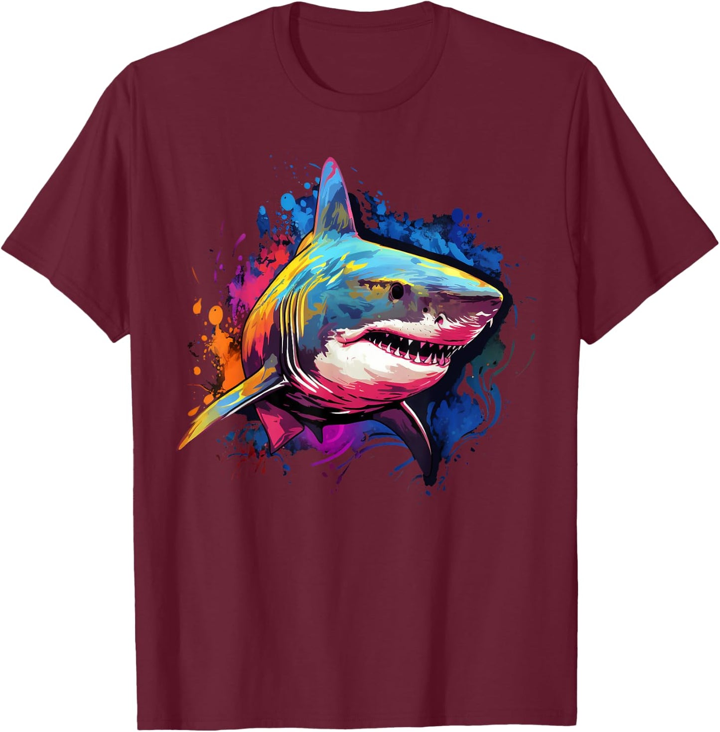 Cool Shark on colorful painted Shark T-Shirt - T-Shirt | Maroon