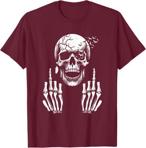 Funny Adult Skull Skeleton Middle Finger F You , Black, S T-Shirt - T-Shirt | Maroon