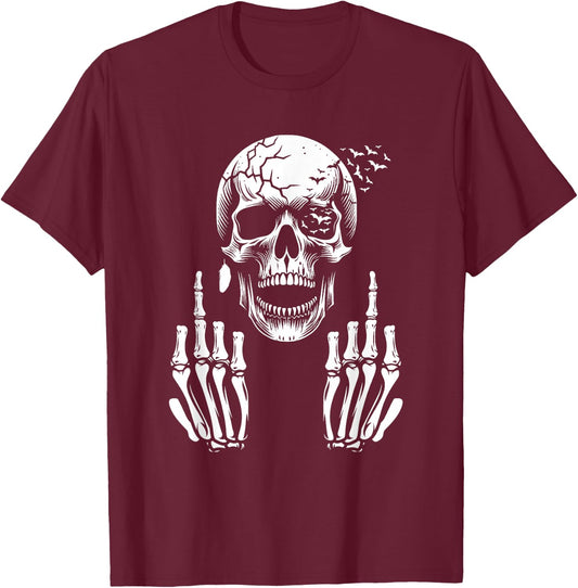 Funny Adult Skull Skeleton Middle Finger F You , Black, S T-Shirt - T-Shirt | Maroon