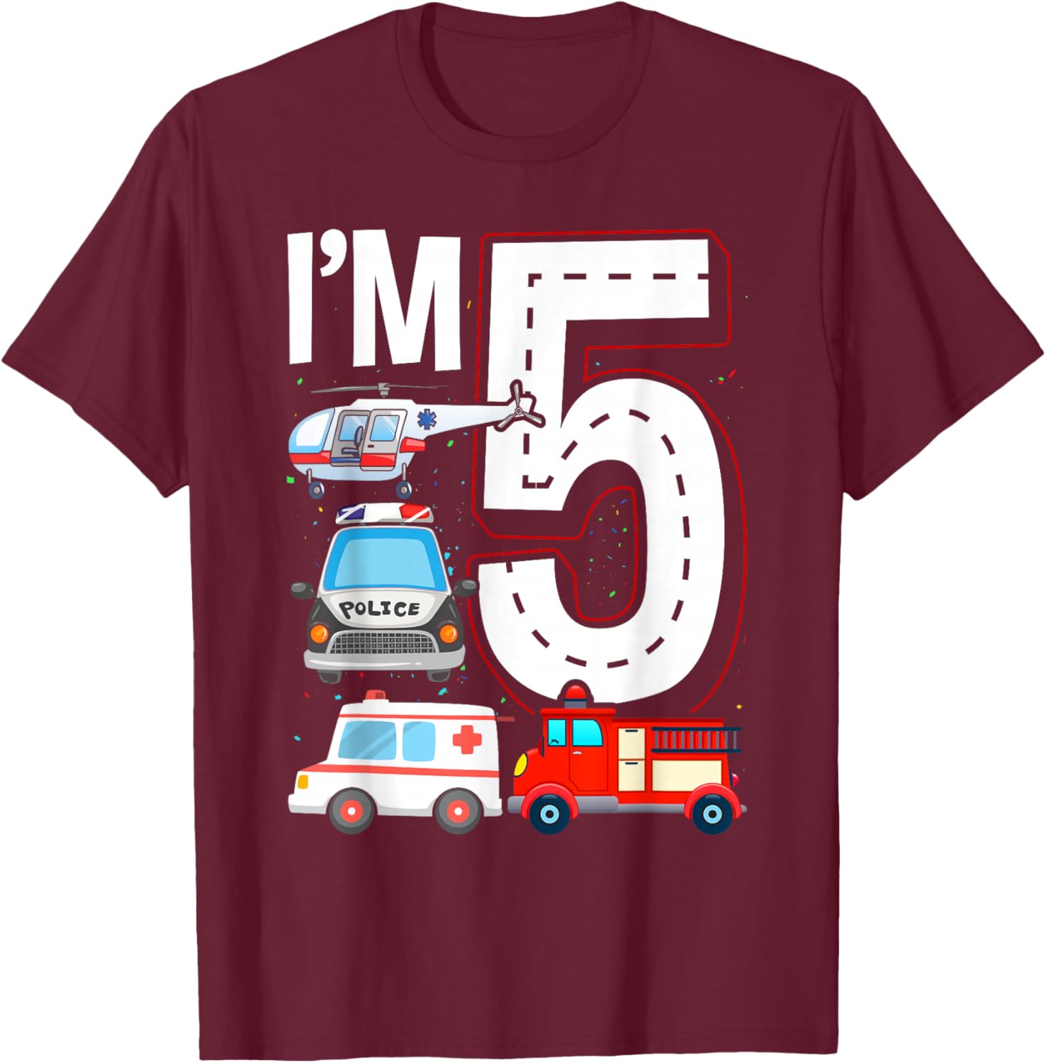 Emergency Vehicles 5th Birthday Fire Truck Police Car Boys T-Shirt - T-Shirt | Maroon