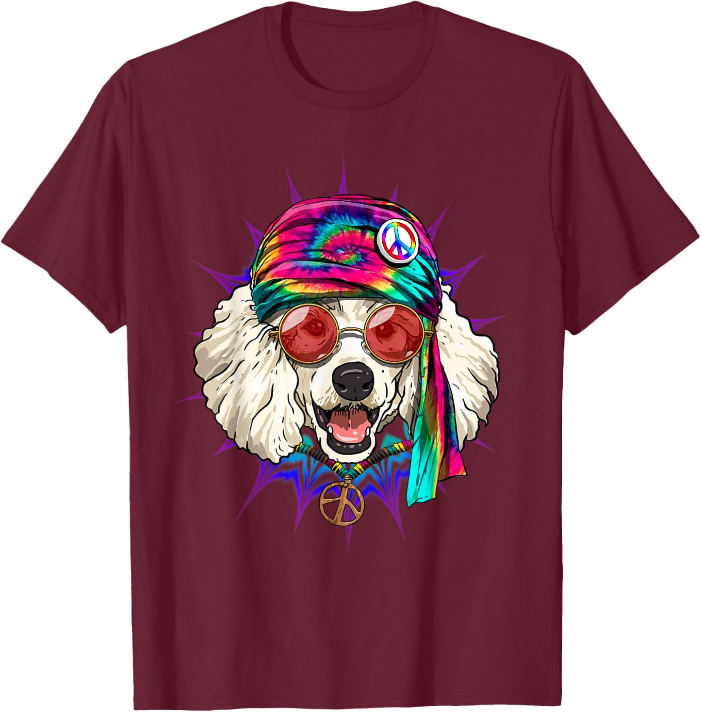 Tie Dye Hippie Poodle Hippiness Peace Love Dog T-Shirt - T-Shirt | Maroon