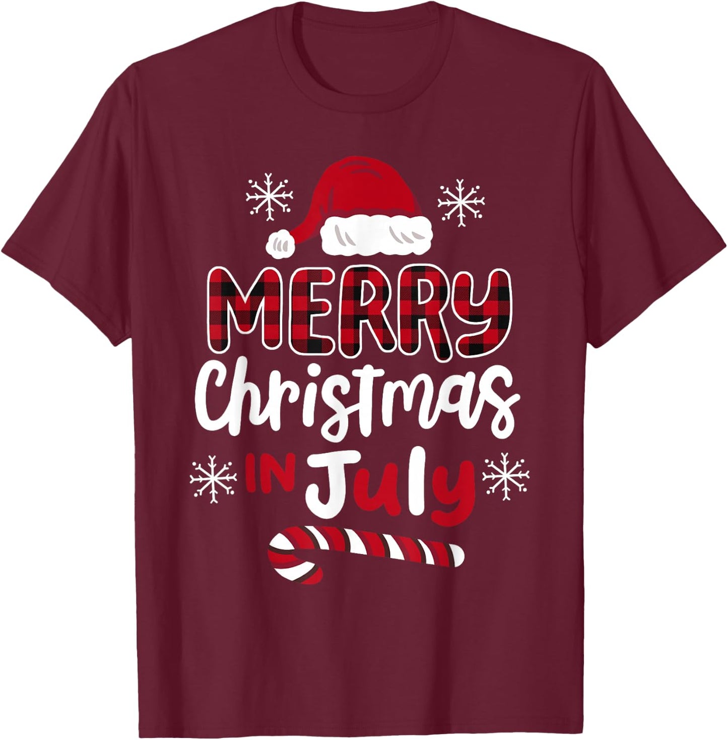 Merry Christmas in July Buffalo Plaid Men Women Kids T-Shirt - T-Shirt | Maroon